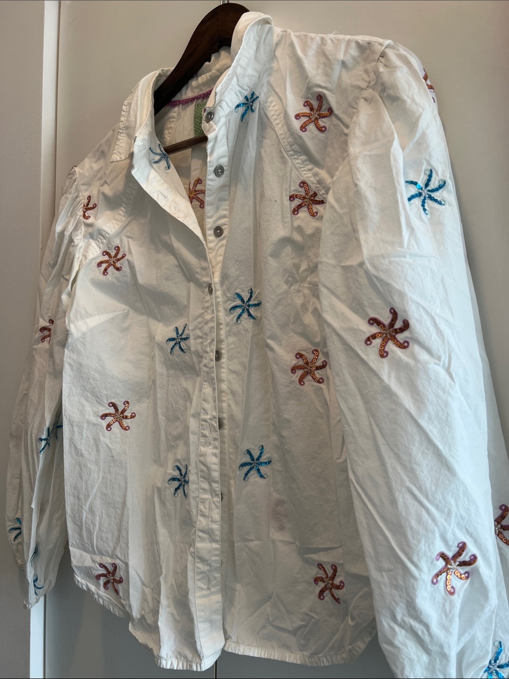 Maeve White Button-Down Shirt with Blue & Red Embroidery